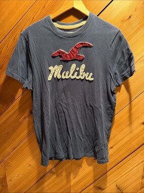 Hollister Blue Tee with Cream 'Malibu' Appliqué and Red Seagull